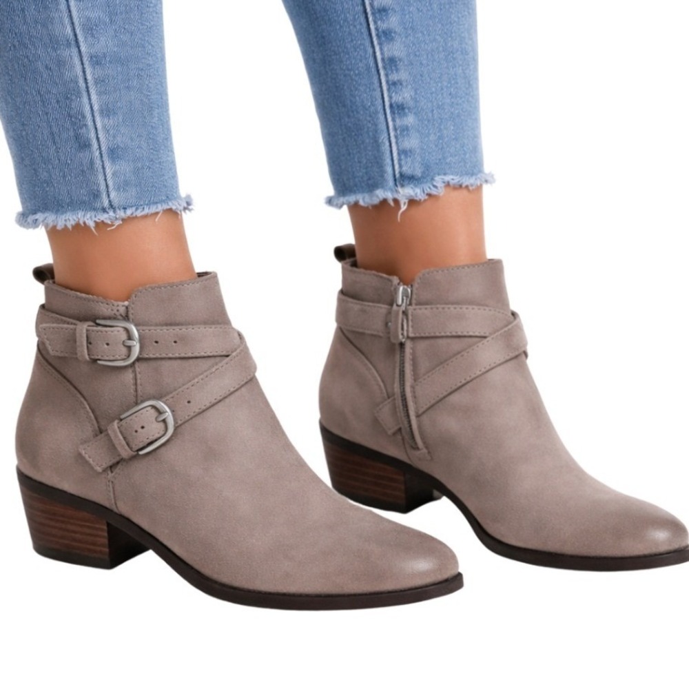 Sam Edelman NEW Parlie Putty Leather Ankle Boots Double Buckle Side Zip Size 6.5